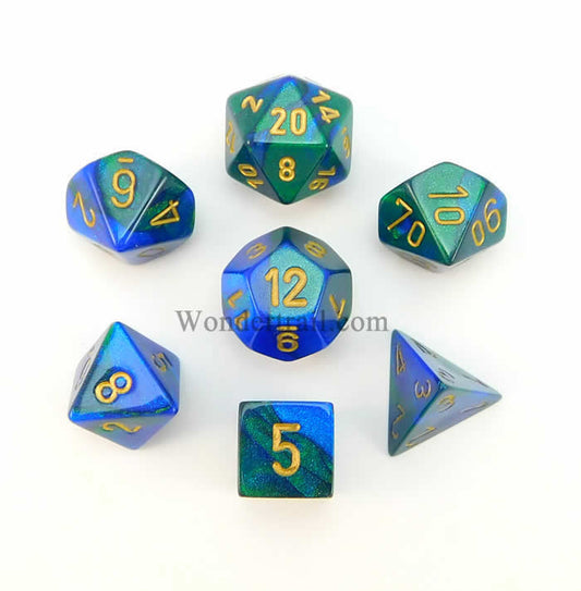 CHX26436 Blue and Green Gemini Dice Gold Numbers 7 Dice Set 16mm Main Image