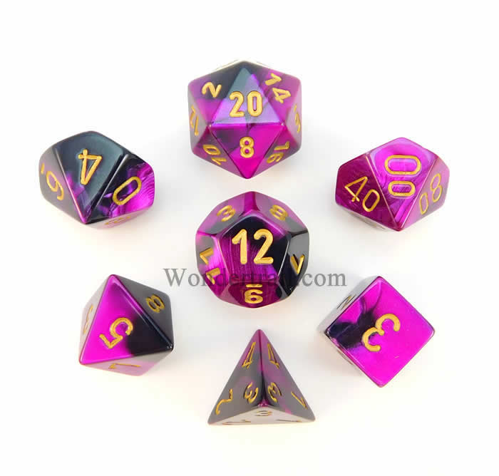 CHX26440 Black and Purple Gemini Dice Gold Numbers 7 Dice Set 16mm Main Image