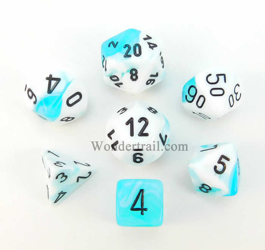 CHX26444 White and Teal Gemini Dice Black Numbers 7 Dice Set 16mm Main Image