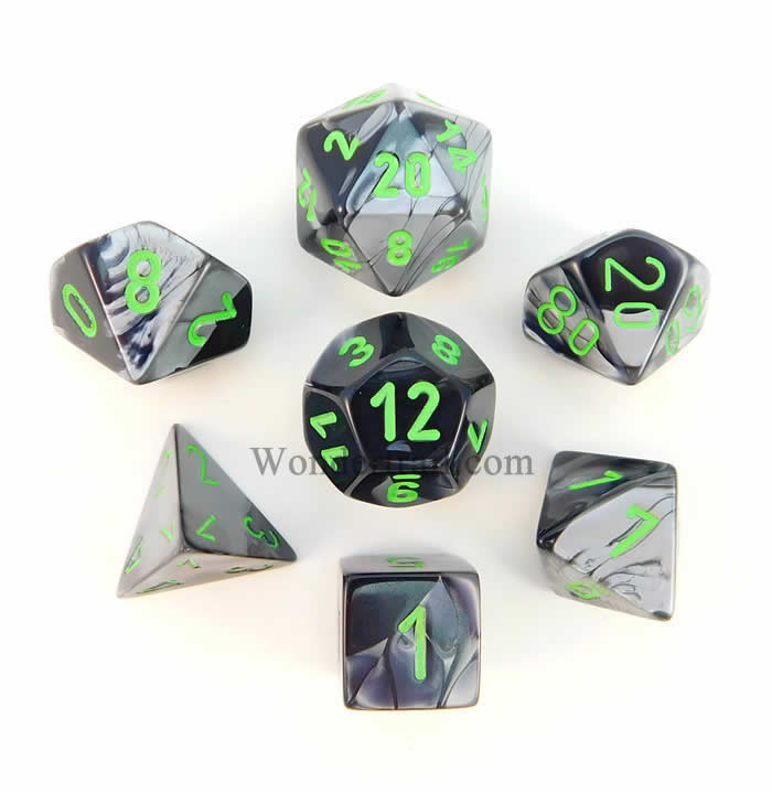 CHX26445 Black and Gray Gemini Dice Green Numbers 7 Dice Set 16mm Main Image