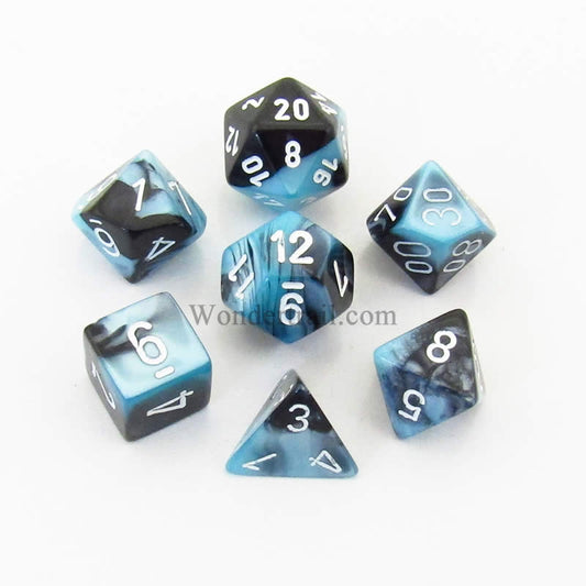 CHX26446 Black and Shell Gemini Dice  White Numbers 7 Dice Set 16mm Main Image