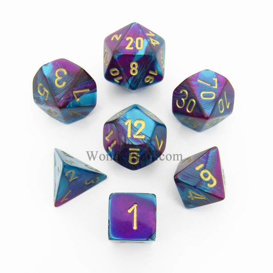 CHX26449 Purple and Teal Gemini Dice Gold Numbers 7 Dice Set 16mm Main Image