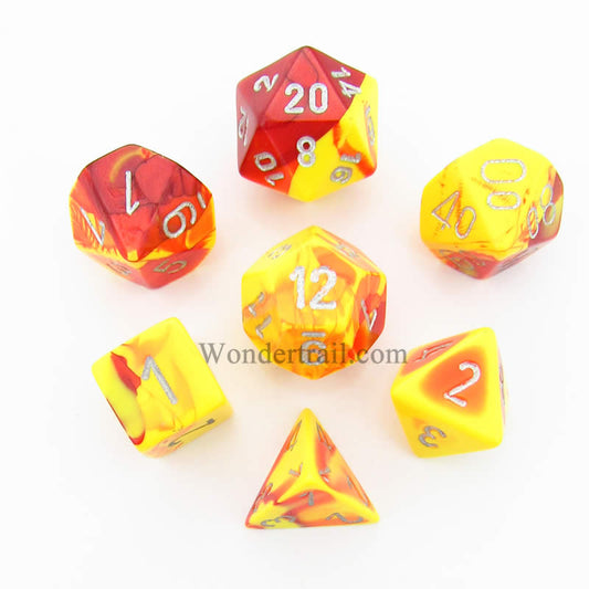 CHX26450 Red and Yellow Gemini Dice Silver Numbers 7 Dice Set 16mm Main Image