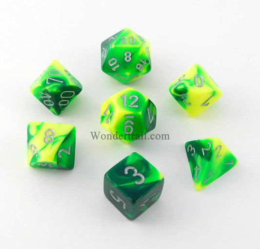 CHX26454 Green and Yellow Gemini Dice Silver Numbers 7 Dice Set 16mm Main Image