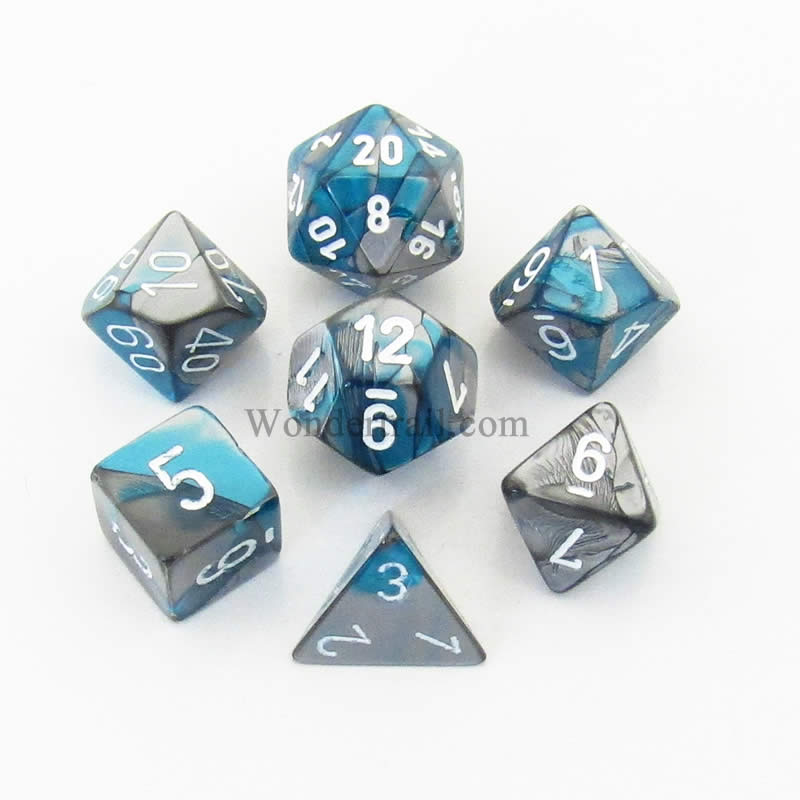 CHX26456 Steel and Teal Gemini Dice White Numbers 7 Dice Set 16mm Main Image