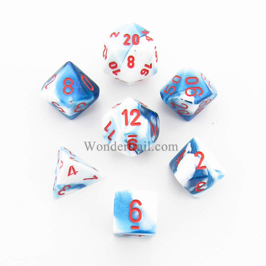 CHX26457 Astral Blue White Gemini Dice Red Numbers 7 Dice Set 16mm Main Image