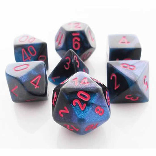 CHX26458 Black and Starlight Blue Gemini Dice Red Numbers 7 Dice 16mm Main Image