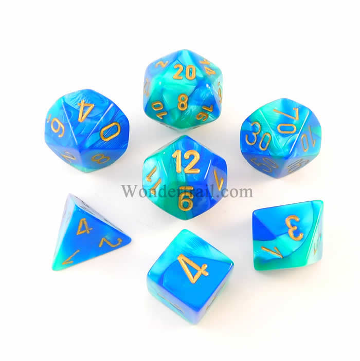 CHX26459 Blue and Teal Gemini Dice with Gold Numbers 7 Dice Set 16mm Main Image