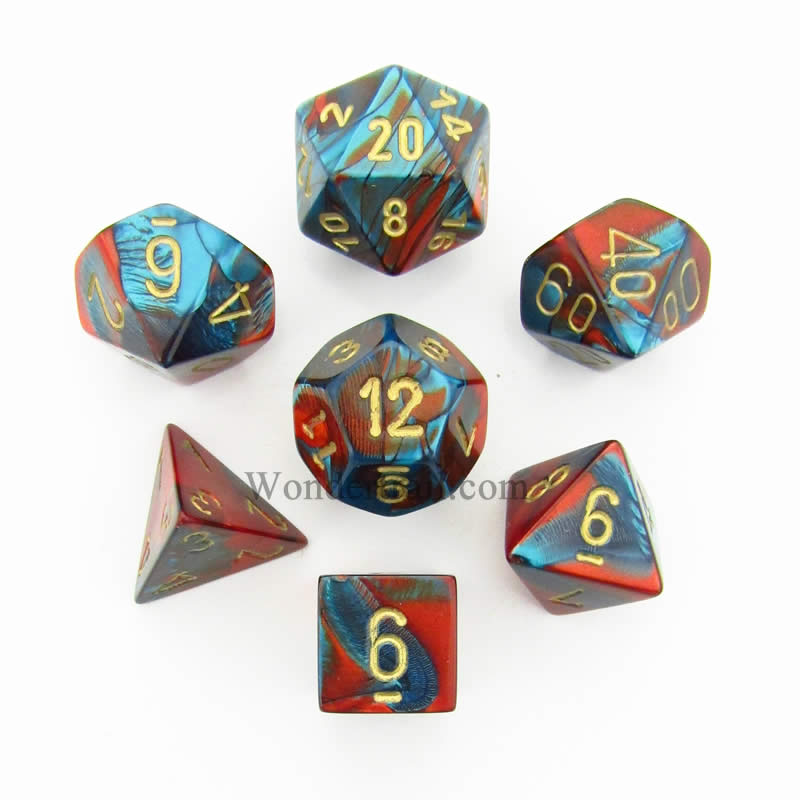 CHX26462 Red and Teal Gemini Dice with Gold Numbers 7 Dice Set 16mm Main Image