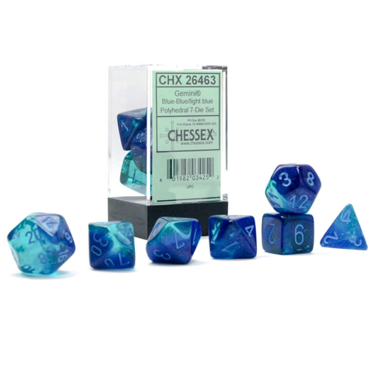 CHX26463 Blue Gemini Luminary Dice with Light Blue Numbers 7 Dice Set 16mm (5/8in) Main Image