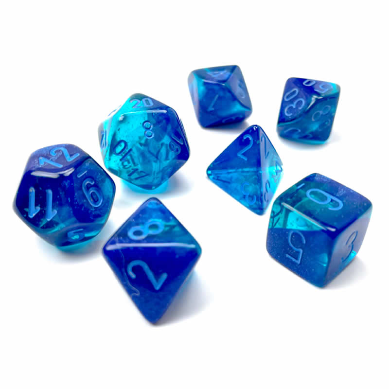 CHX26463 Blue Gemini Luminary Dice with Light Blue Numbers 7 Dice Set 16mm (5/8in) 2nd Image