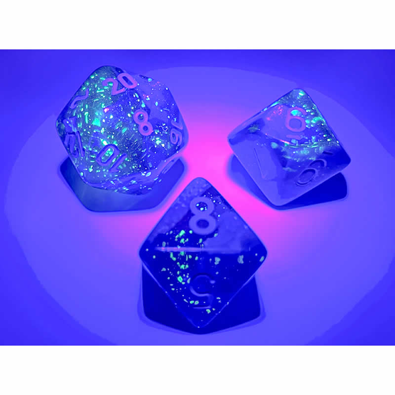 CHX26463 Blue Gemini Luminary Dice with Light Blue Numbers 7 Dice Set 16mm (5/8in) 3rd Image