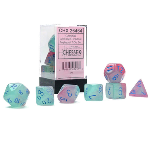CHX26464 Gel Green and Pink Gemini Luminary Dice with Blue Numbers 7 Dice Set 16mm (5/8in) Main Image