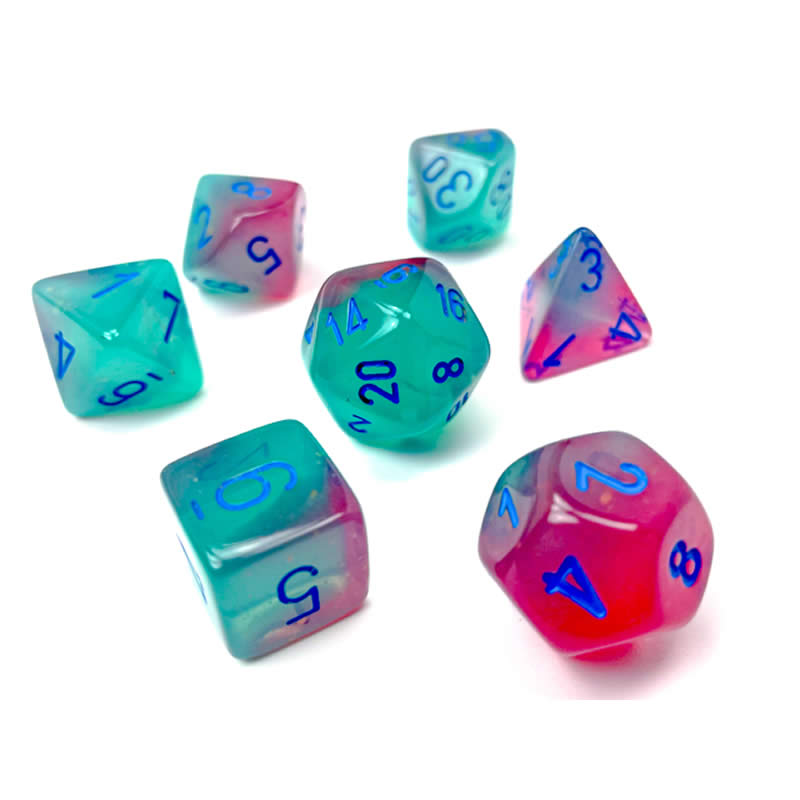 CHX26464 Gel Green and Pink Gemini Luminary Dice with Blue Numbers 7 Dice Set 16mm (5/8in) 2nd Image