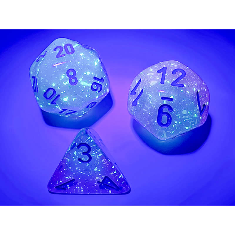 CHX26464 Gel Green and Pink Gemini Luminary Dice with Blue Numbers 7 Dice Set 16mm (5/8in) 3rd Image