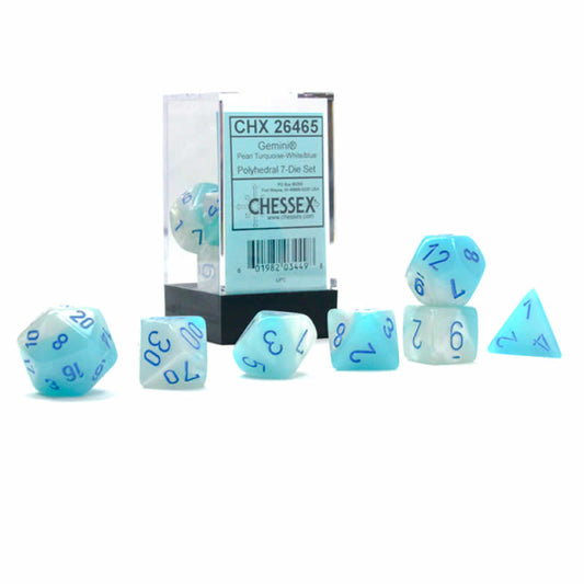 CHX26465 Turquoise and White Gemini Luminary Dice with Blue Numbers 7 Dice Set 16mm (5/8in) Main Image