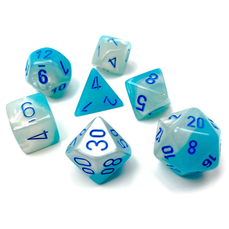 CHX26465 Turquoise and White Gemini Luminary Dice with Blue Numbers 7 Dice Set 16mm (5/8in) 2nd Image