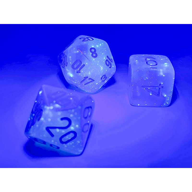 CHX26465 Turquoise and White Gemini Luminary Dice with Blue Numbers 7 Dice Set 16mm (5/8in) 3rd Image