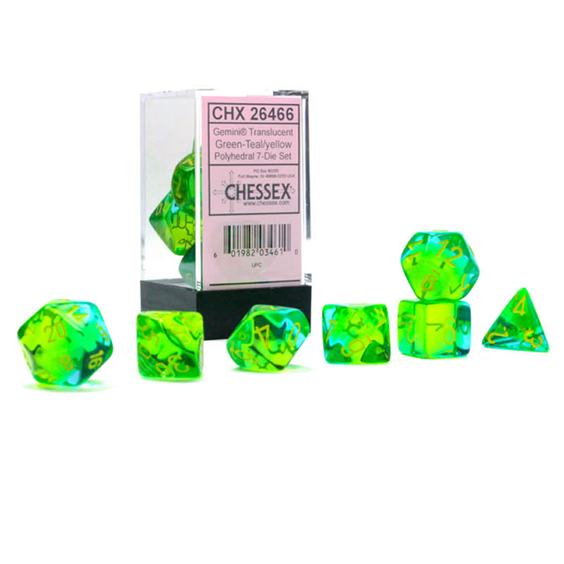 CHX26466 Green and Teal Gemini Translucent Dice with Yellow Numbers 7 Dice Set 16mm (5/8in) Main Image