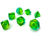 CHX26466 Green and Teal Gemini Translucent Dice with Yellow Numbers 7 Dice Set 16mm (5/8in) 2nd Image