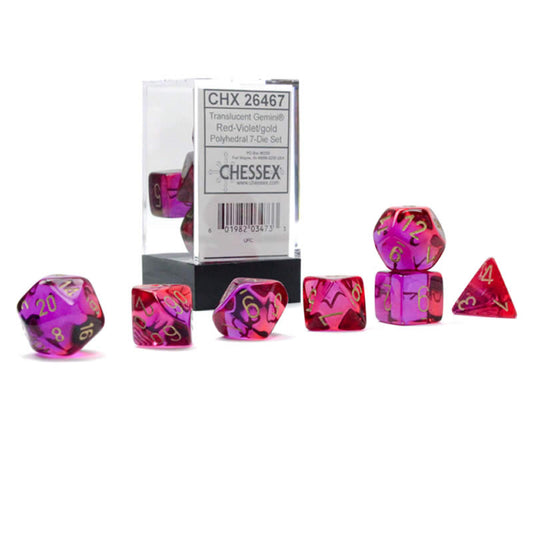 CHX26467 Red and Violet Gemini Translucent Dice with Gold Colored Numbers 7 Dice Set 16mm (5/8in) Main Image