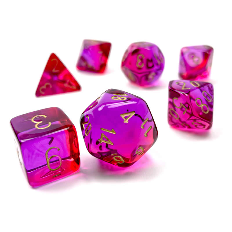 CHX26467 Red and Violet Gemini Translucent Dice with Gold Colored Numbers 7 Dice Set 16mm (5/8in) 2nd Image