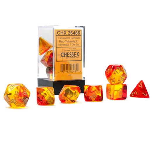 CHX26468 Red and Yellow Gemini Translucent Dice with Gold Colored Numbers 7 Dice Set 16mm (5/8in) Main Image