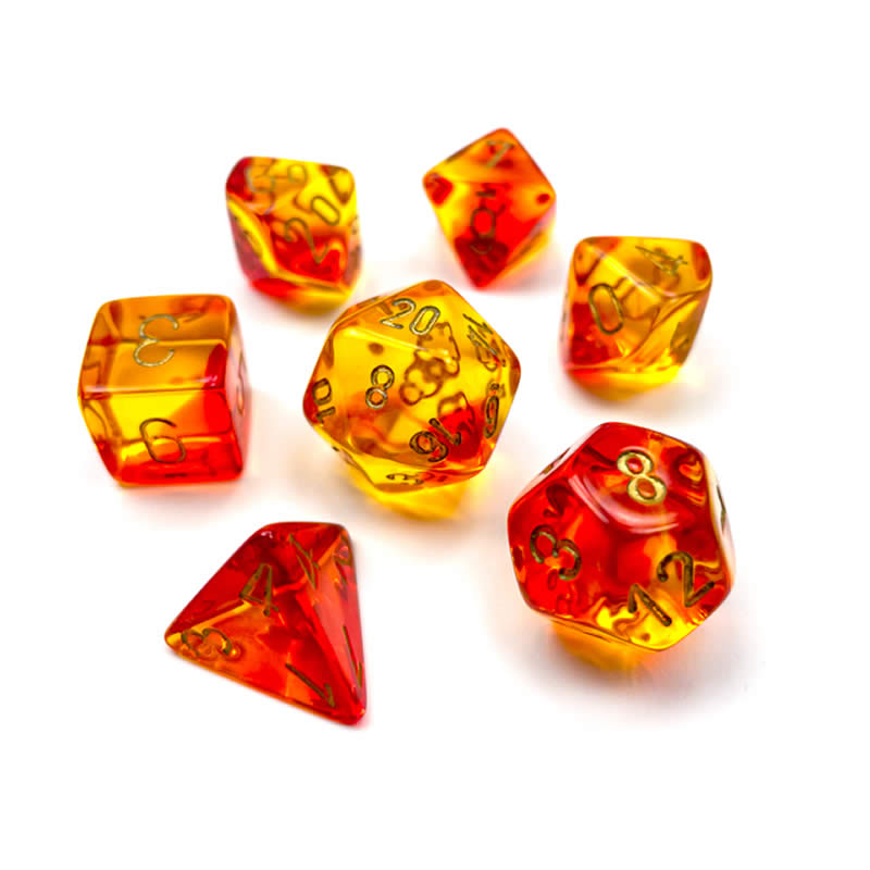 CHX26468 Red and Yellow Gemini Translucent Dice with Gold Colored Numbers 7 Dice Set 16mm (5/8in) 2nd Image