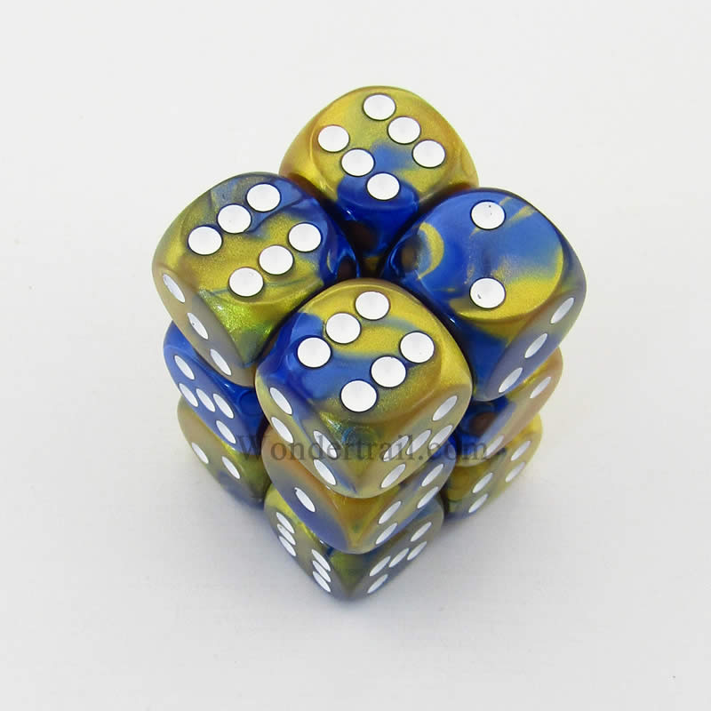 CHX26622 Blue Gold Gemini Dice White Pips D6 16mm (5/8in) Pack of 12 Main Image