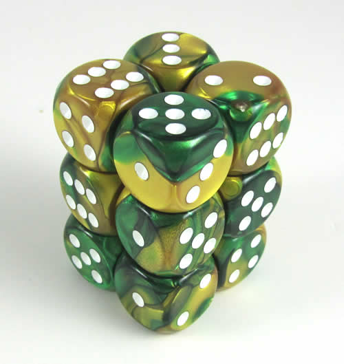 CHX26625 Gold Green Gemini Dice White Pips D6 16mm (5/8in) Pack of 12 Main Image