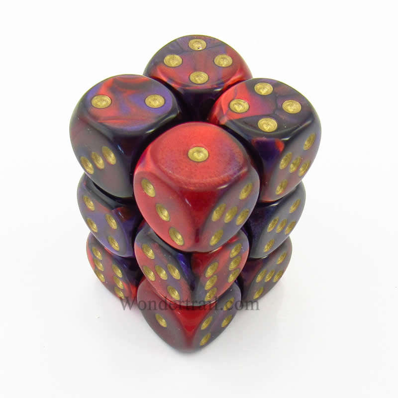 CHX26626 Purple Red Gemini Dice Gold Pips D6 16mm (5/8in) Pack of 12 Main Image