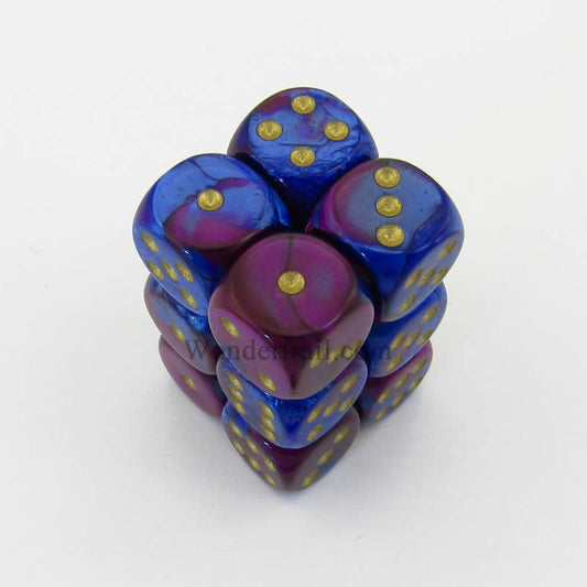 CHX26628 Blue Purple Gemini Dice Gold Pips D6 16mm (5/8in) Pack of 12 Main Image