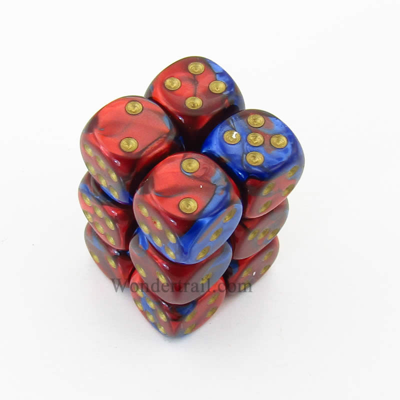 CHX26629 Blue Red Gemini Dice Gold Pips D6 16mm (5/8in) Pack of 12 Main Image