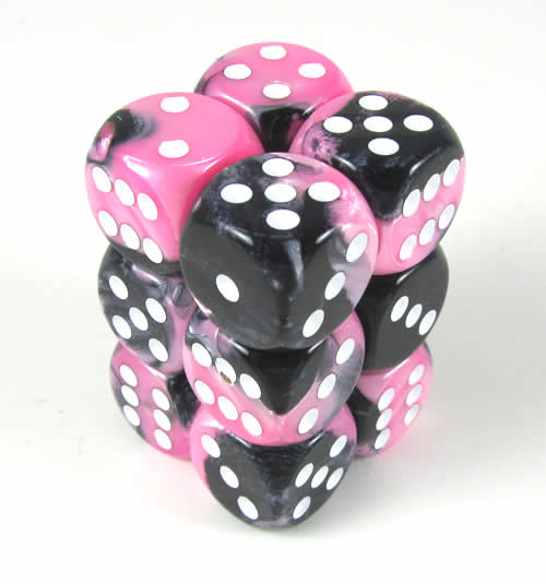 CHX26630 Black Pink Gemini Dice White Pips D6 16mm (5/8in) Pack of 12 Main Image