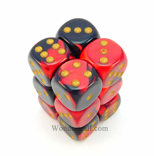 CHX26633 Black Red Gemini Dice Gold Pips D6 16mm (5/8in) Pack of 12 Main Image