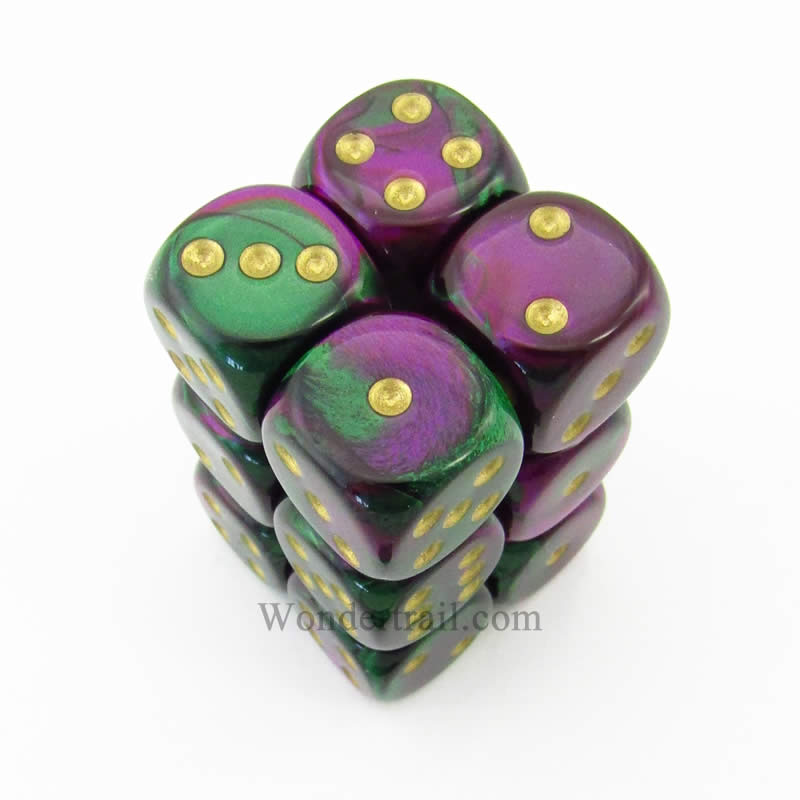 CHX26634 Green Purple Gemini Dice Gold Pips D6 16mm (5/8in) Pack of 12 Main Image