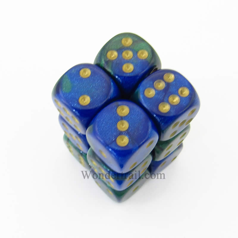 CHX26636 Blue Green Gemini Dice Gold Pips D6 16mm (5/8in) Pack of 12 Main Image