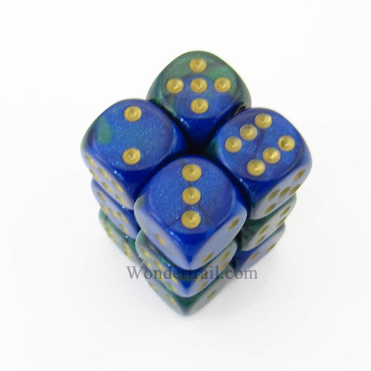 CHX26636 Blue Green Gemini Dice Gold Pips D6 16mm (5/8in) Pack of 12 Main Image