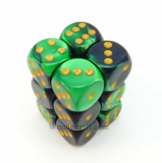 CHX26639 Black Green Gemini Dice Gold Pips D6 16mm (5/8in) Pack of 12 Main Image