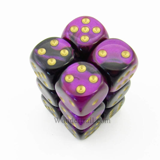 CHX26640 Black Purple Gemini Dice Gold Pips D6 16mm (5/8in) Pack of 12 Main Image