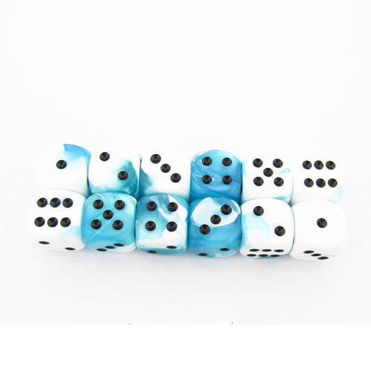 CHX26644 White Teal Gemini Dice Black Pips D6 16mm (5/8in) Pack of 12 Main Image