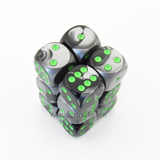 CHX26645 Black Gray Gemini Dice Green Pips D6 16mm (5/8in) Pack of 12 Main Image