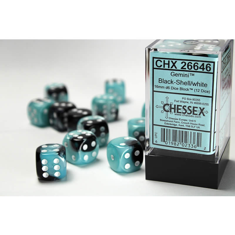 CHX26646 Black and Shell Gemini Dice with White Pips D6 16mm (5/8in) Pack of 12 Main Image