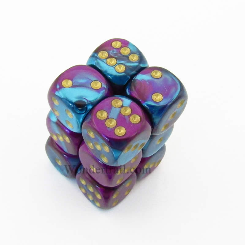 CHX26649 Purple Teal Gemini Dice Gold Pips D6 16mm (5/8in) Pack of 12 Main Image