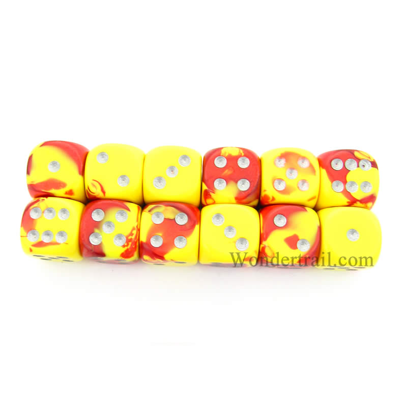 CHX26650 Red Yellow Gemini Dice Silver Pips D6 16mm (5/8in) Pack of 12 Main Image