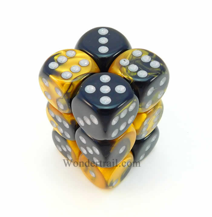 CHX26651 Black Gold Gemini Dice Silver Pips D6 16mm (5/8in) Pack of 12 Main Image