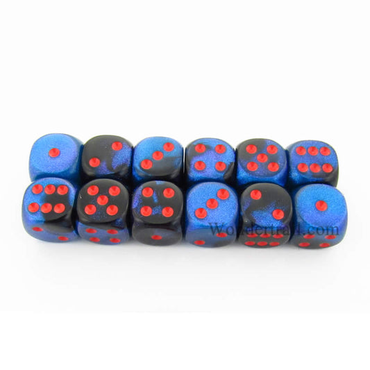 CHX26658 Black Starlight Gemini Dice Red Pips D6 16mm (5/8in) Pack of 12 Main Image