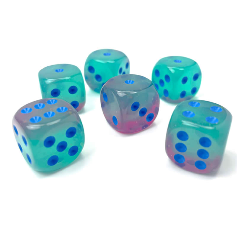 CHX26664 Gel Green and Pink Gemini Luminary Dice with Blue Pips D6 16mm (5/8in) Pack of 12 2nd Image