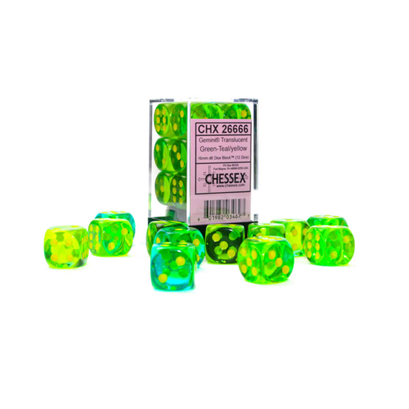 CHX26666 Green and Teal Gemini Translucent Dice with Yellow Pips D6 16mm (5/8in) Pack of 12 Main Image