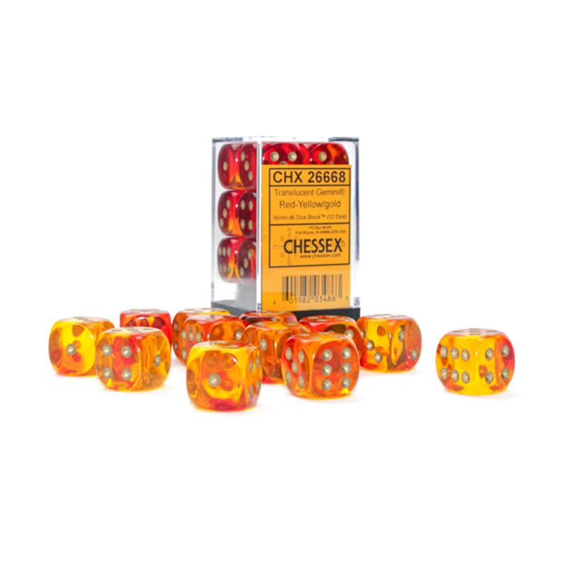 CHX26668 Red and Yellow Gemini Translucent Dice with Gold Colored Pips D6 16mm (5/8in) Pack of 12 Main Image